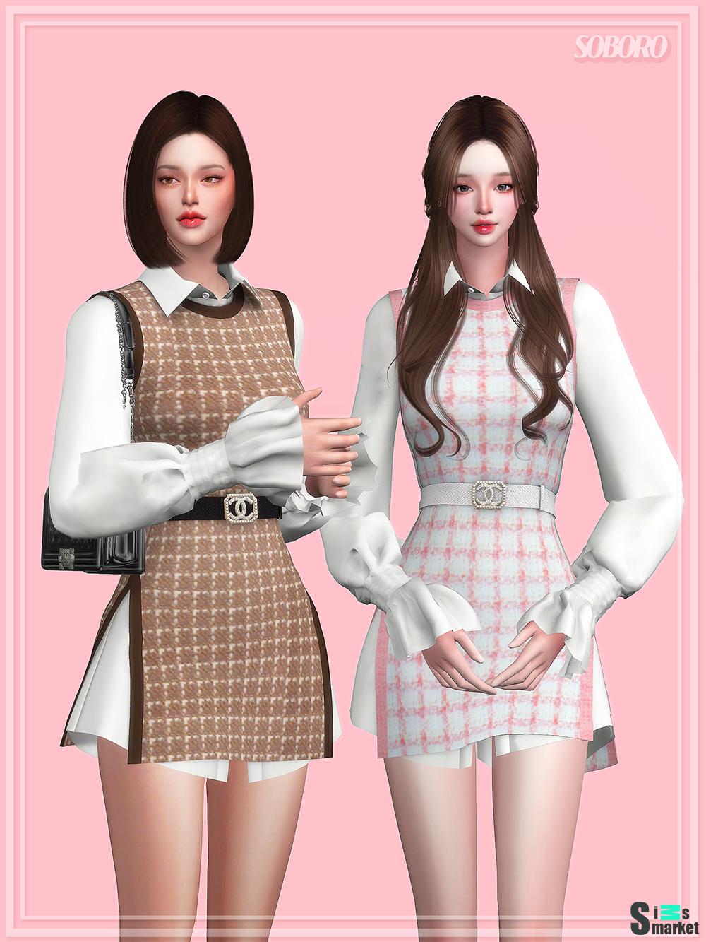 CHANEL Belt Long Vest Shirt Dress by SOBORO для Симс 4. Скачать мод