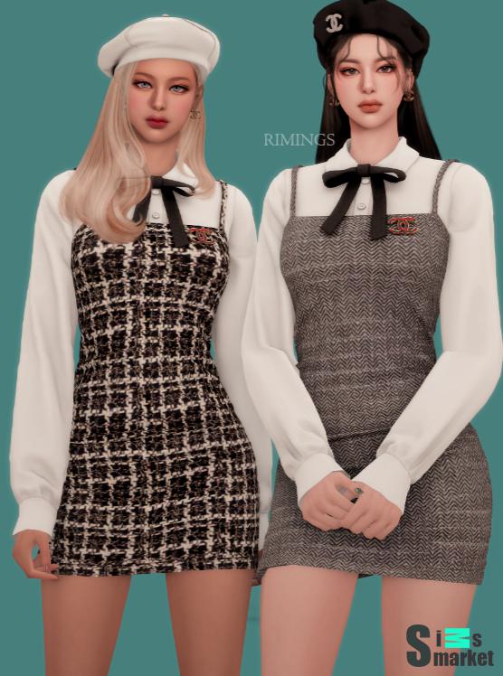 Блузка с лентой и брошь с ремешком платье и серьги для Симс 4. Скачать мод
