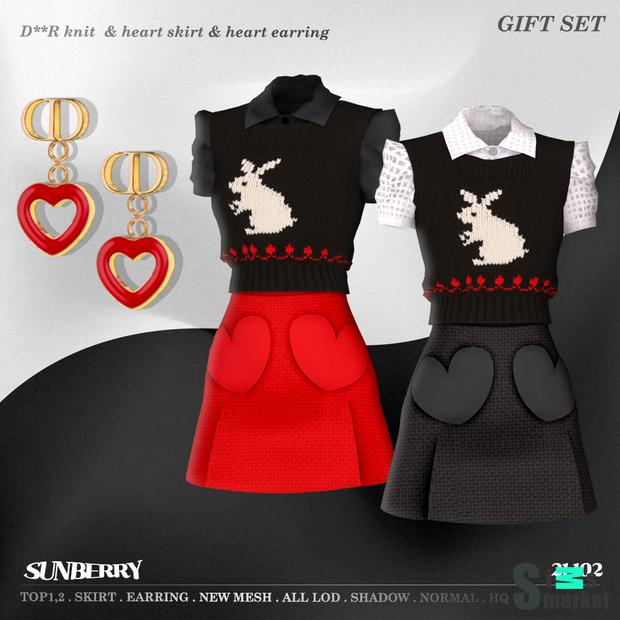 D**R knit & heart skirt & heart earring 102 by SUNBERRY для Симс 4. Скачать мод