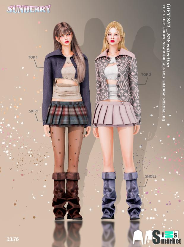 🎁GIFT SET_ F/W knit 1,2 & tennis skirt& Folding boots(Early access) by SUNBERRY для Симс 4. Скачать мод