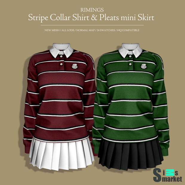 Stripe Collar Shirt & Pleats mini Skirt by RIMINGS для Симс 4. Скачать мод