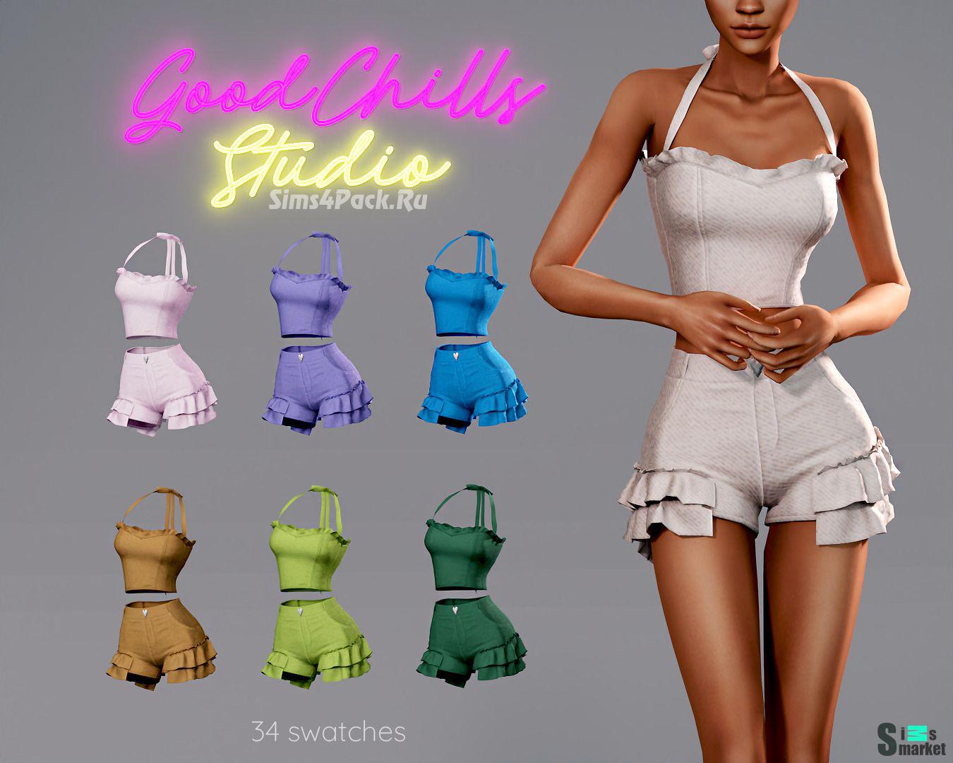 топик и шортики для симочки Ruffle Detail Short 2 pc Set для Симс 4. Скачать мод