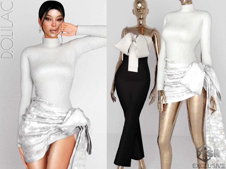 D.O.Lilac - Chiwen Silk Lace Bow Detailed Mini Dress  для Симс 4. Скачать мод