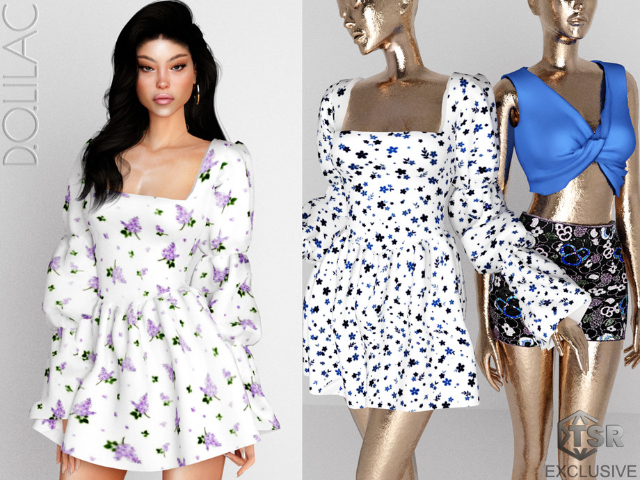 Puff Sleeve Floral Print Mini Dress  для Симс 4. Скачать мод