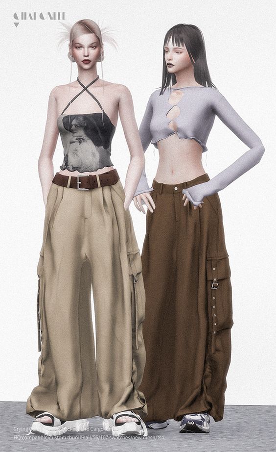 Crying Center Unisex Pocket Flare Cargo Pants для Sims 4 для Симс 4. Скачать мод