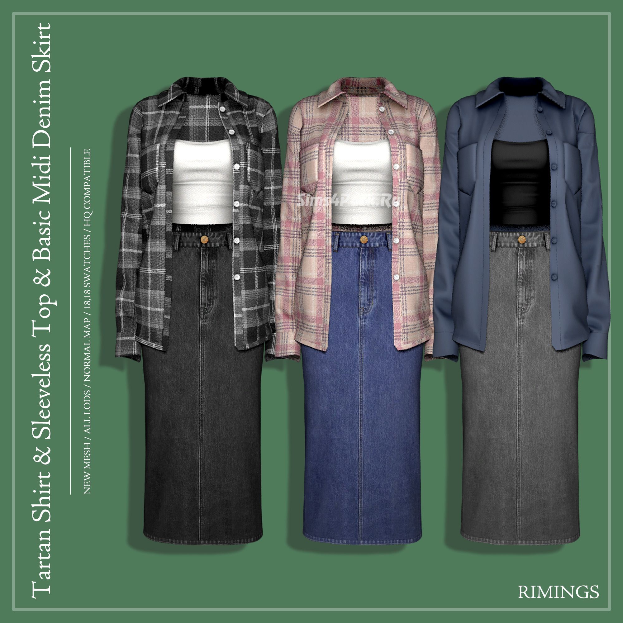 Комплект одежды Tartan Shirt & Sleeveless Top & Basic Midi Denim Skirt  для Симс 4. Скачать мод