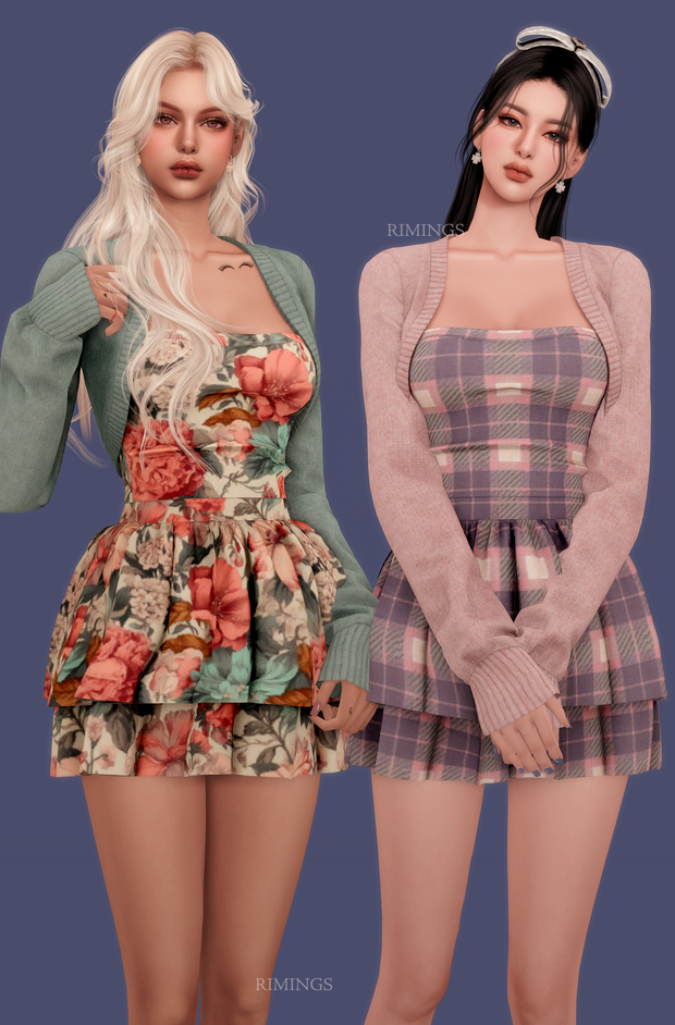 [RIMINGS] Short Cardigan & Ruffle Tube Top Dress для Симс 4. Скачать мод