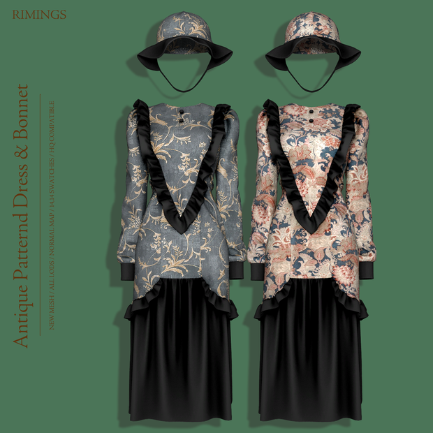 [RIMINGS] Antique Patternd Dress & Bonnet для Симс 4. Скачать мод