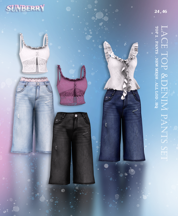 [SUNBERRY]Lace top & Denim pants SET для Симс 4. Скачать мод