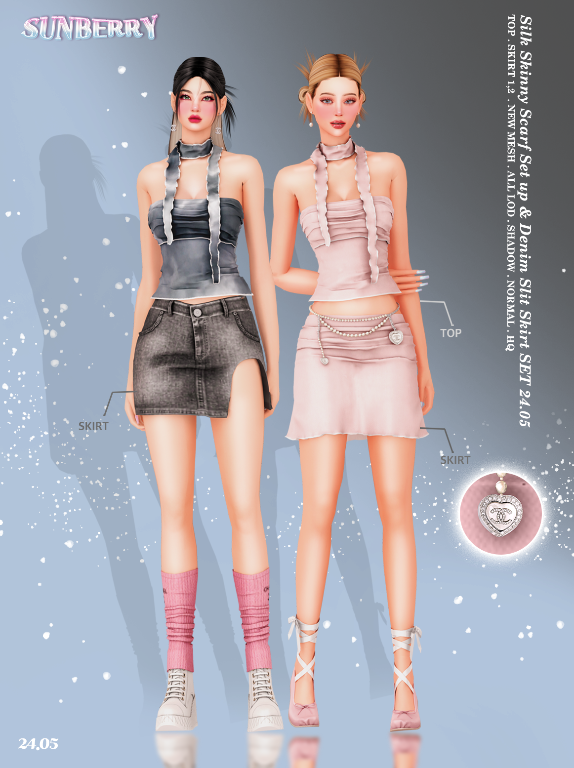 [SUNBERRY]Silk Skinny Scarf Set up & Denim Slit Skirt SET для Симс 4. Скачать мод