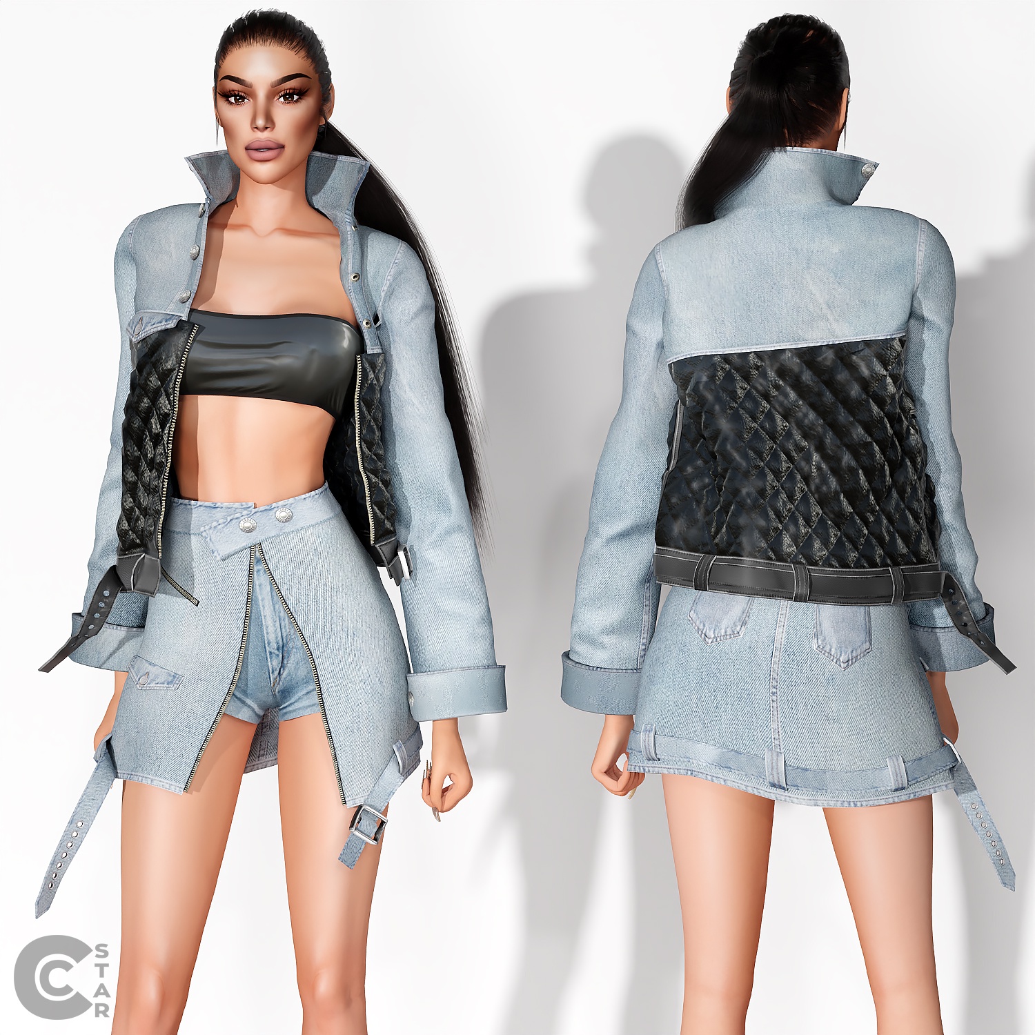 Denim Jacket with leather details + Top для Симс 4. Скачать мод