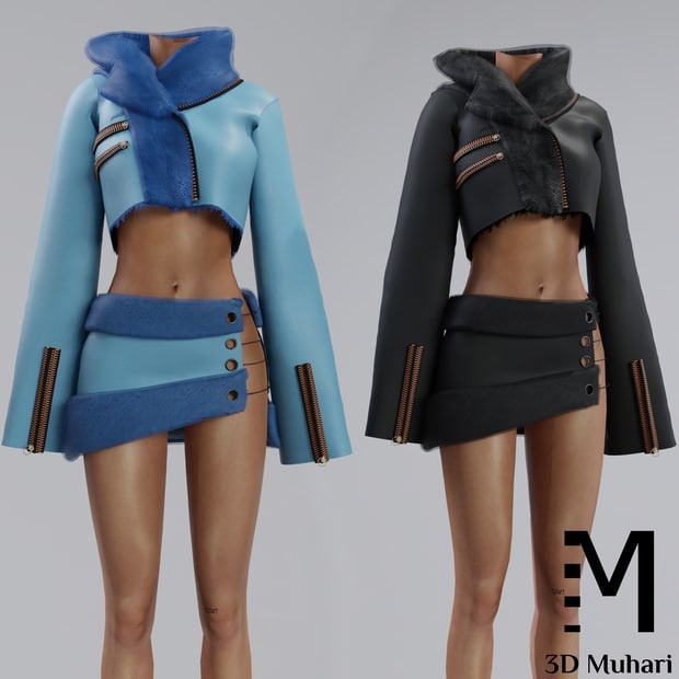 Короткое пальто и юбка 3D Muhari by Laquan Smith для Симс 4. Скачать мод