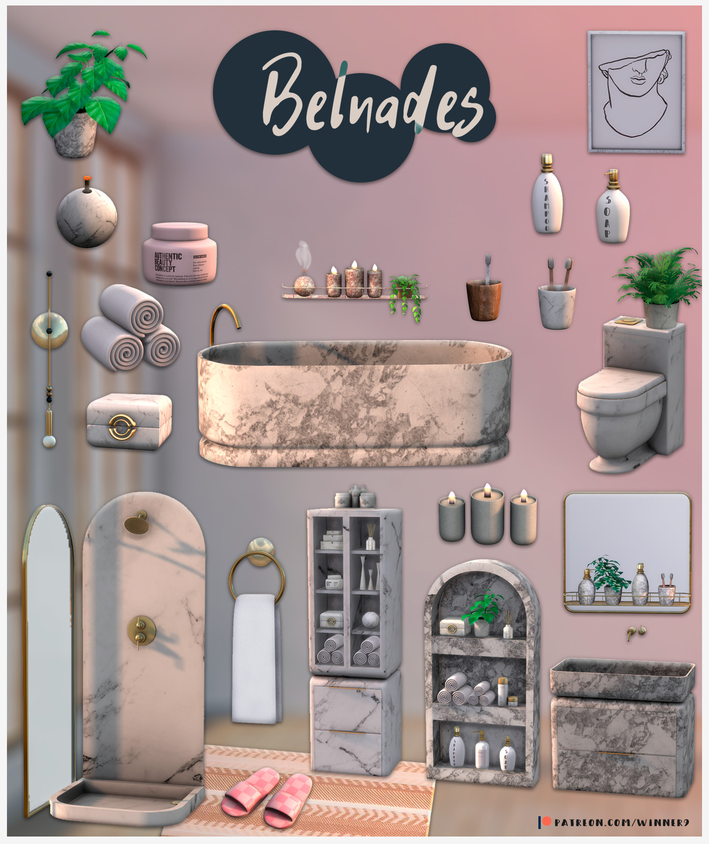 Набор предметов для ванной комнаты "Belnades Bathroom" для Симс 4. Скачать мод