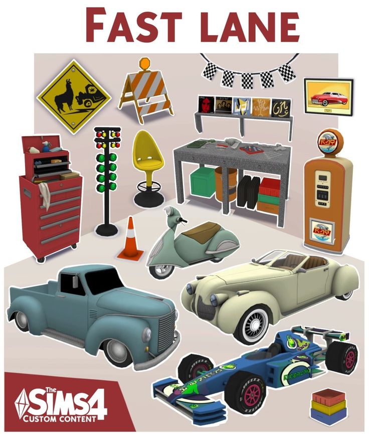 Набор предметов "Скоростная полоса"  Fast Lane Stuff Pack для Симс 4. Скачать мод