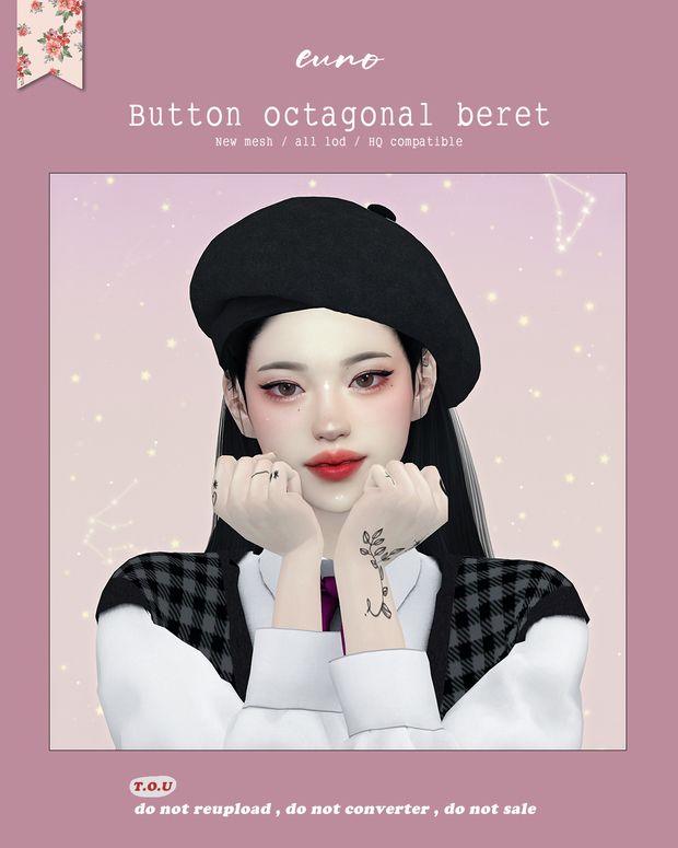 Берет - Button octagonal beret для Симс 4. Скачать мод