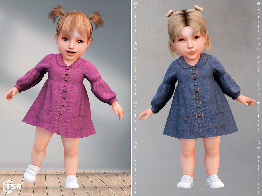 Джинсовое платье - Denim-style dress with buttons (infant) для Симс 4. Скачать мод