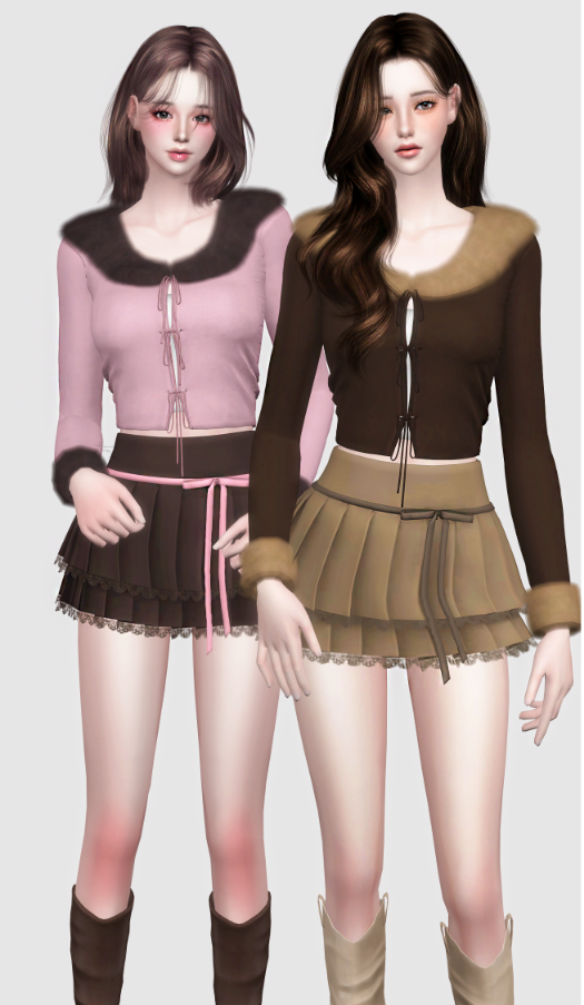 Fur Ribbon Cardigan & Ribbon Frill Pleats Skirt для Симс 4. Скачать мод