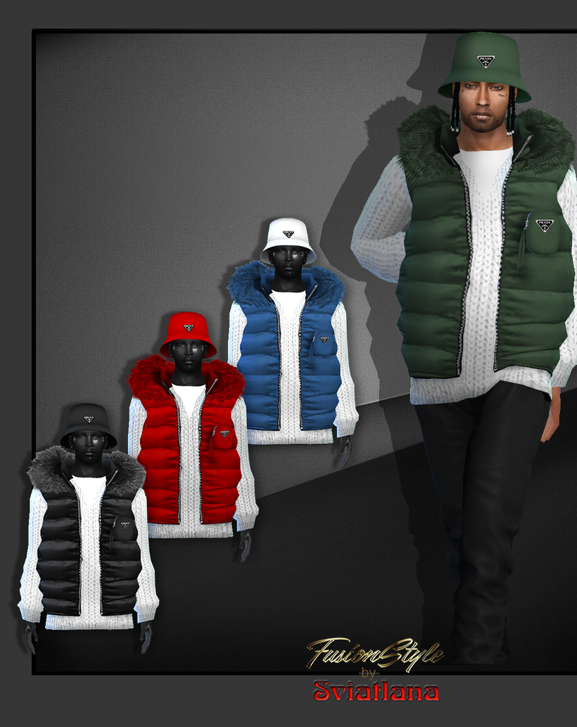 FusionStyle стеганый жилет с меховым капюшоном PRADA для Симс 4. Скачать мод