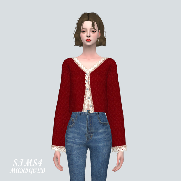 Кардиган. Lace Ribbon Cardigan для Симс 4. Скачать мод
