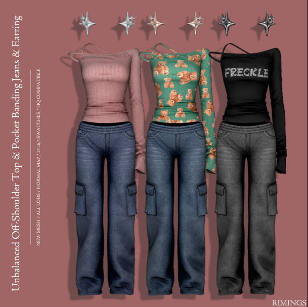 Молодежный сет для симочек "Unbalanced Off-Shoulder Top & Pocket Bandin для Симс 4. Скачать мод