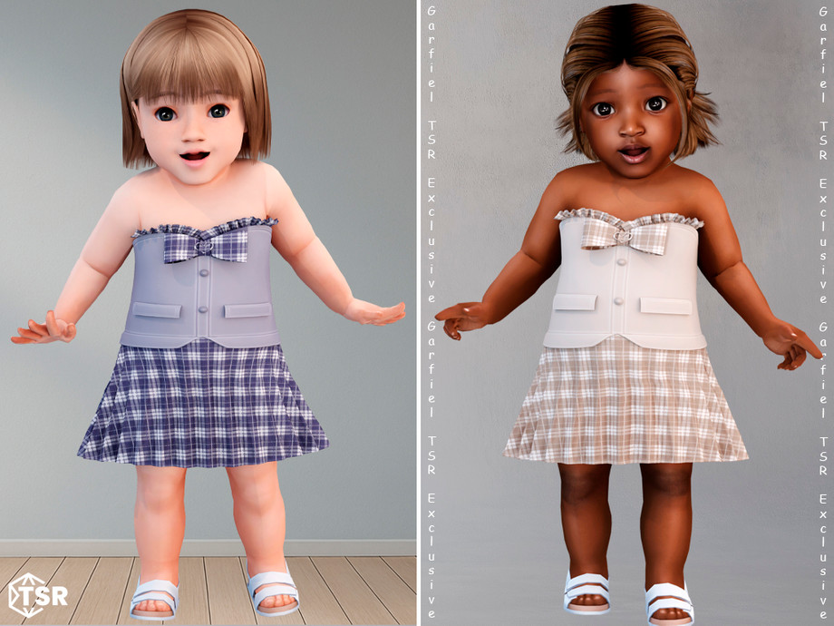 Платье - Plaid strapless infant dress with bow для Симс 4. Скачать мод