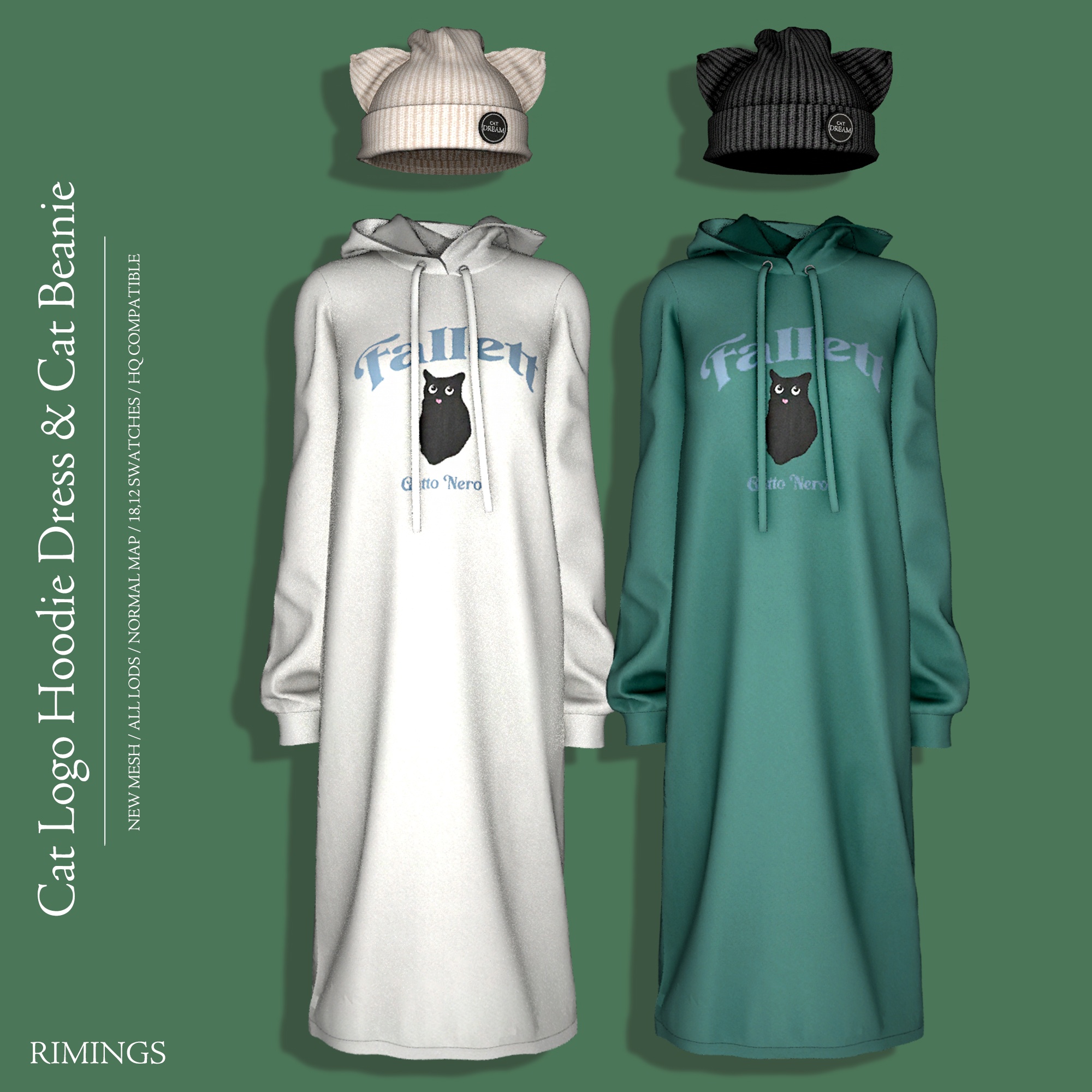 [RIMINGS] Cat Logo Hoodie Dress & Beanie для Симс 4. Скачать мод