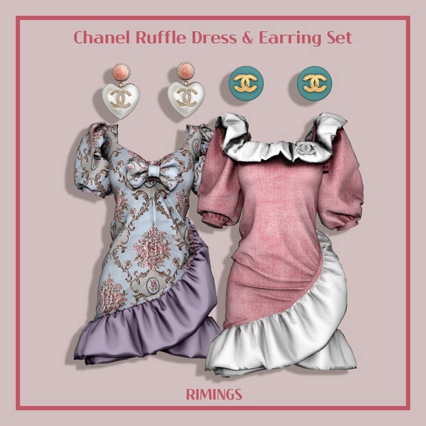 [RIMINGS] Chanel Ruffle Dress & Earring Set для Симс 4. Скачать мод