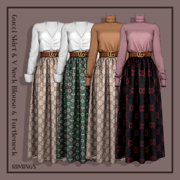 [RIMINGS] Gucci Skirt & V Neck Blouse для Симс 4. Скачать мод