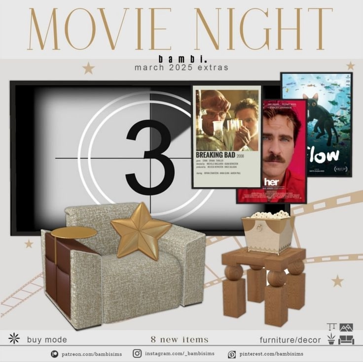 Bambi - Movie Night (March 2025 Extras) Set II для Симс 4. Скачать мод