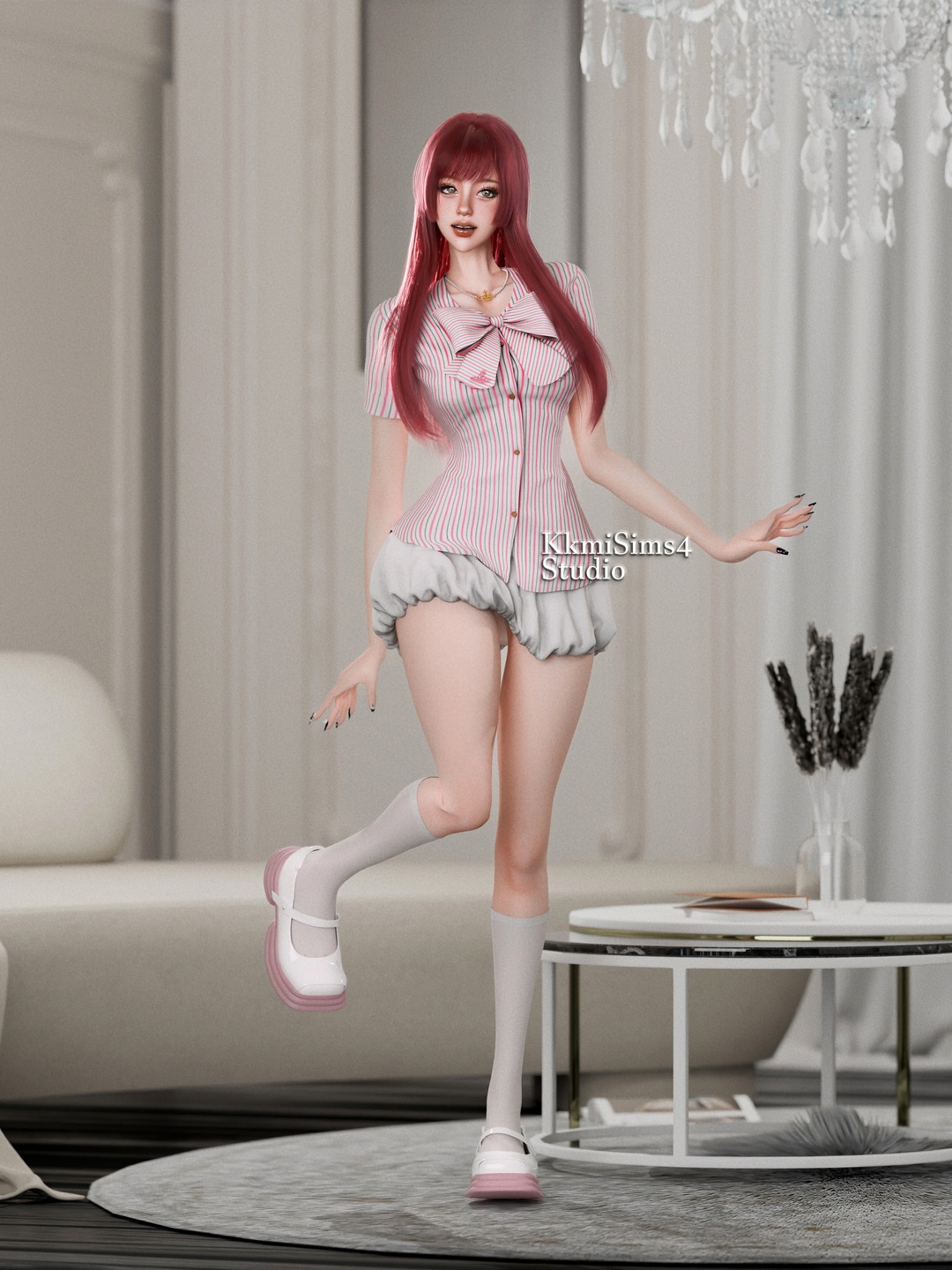 Чокер и платье - Bow Tie Striped Shirt and Bubble Skirtt для Симс 4. Скачать мод