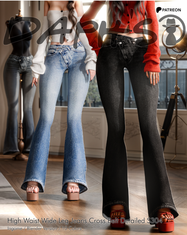 High Waist Wide Leg Jeans Cross Belt Detaile для Симс 4. Скачать мод