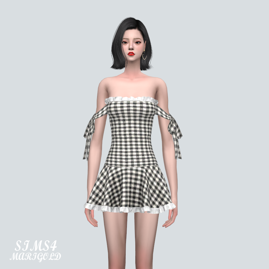 Платье - Lovely Ribbon Off Shoulder One Piece для Симс 4. Скачать мод