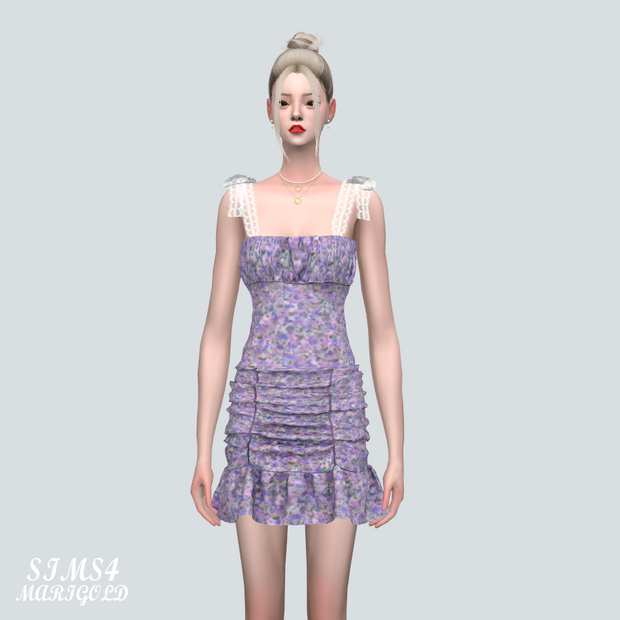 Платье - Ribbon Shirring Dress для Симс 4. Скачать мод