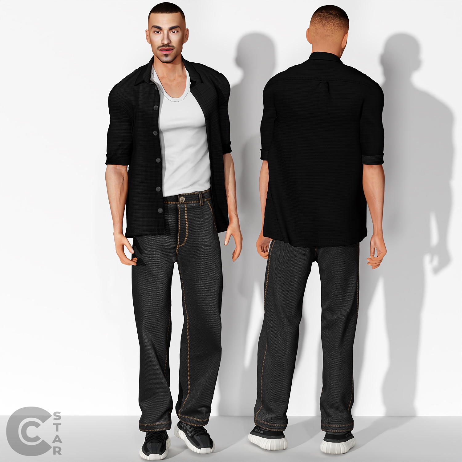 Рубашка и джинсы - Short Sleeve Boxy Open Shirt with Tank & Long Tailored Trousers для Симс 4. Скачать мод