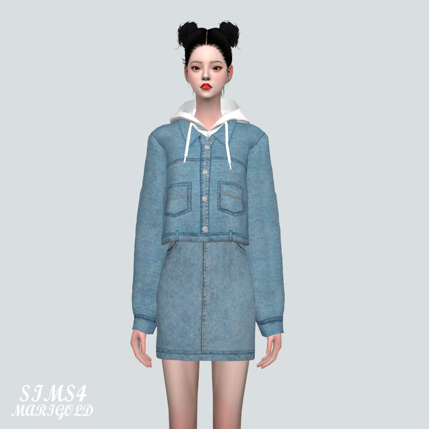 Джинсовый костюм - Denim Jacket Two Piece With Hood для Симс 4. Скачать мод