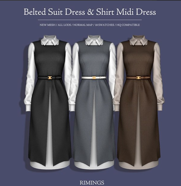 Rimings - Belted Suit Dress & Shirt Midi Dress для Симс 4. Скачать мод