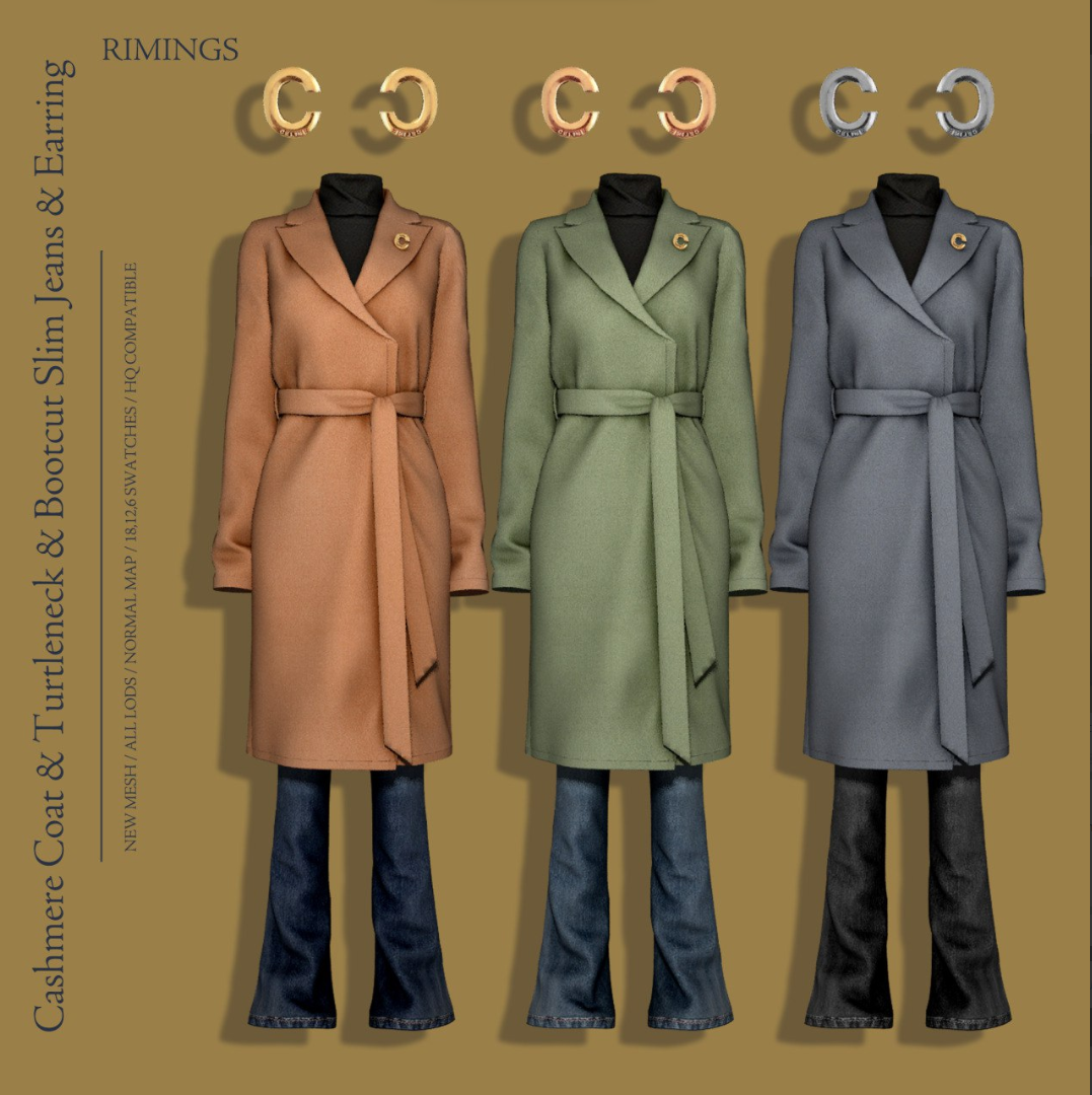 [RIMINGS] Cashmere Coat & Turtleneck & Bootcut Slim Jeans & Earring для Симс 4. Скачать мод