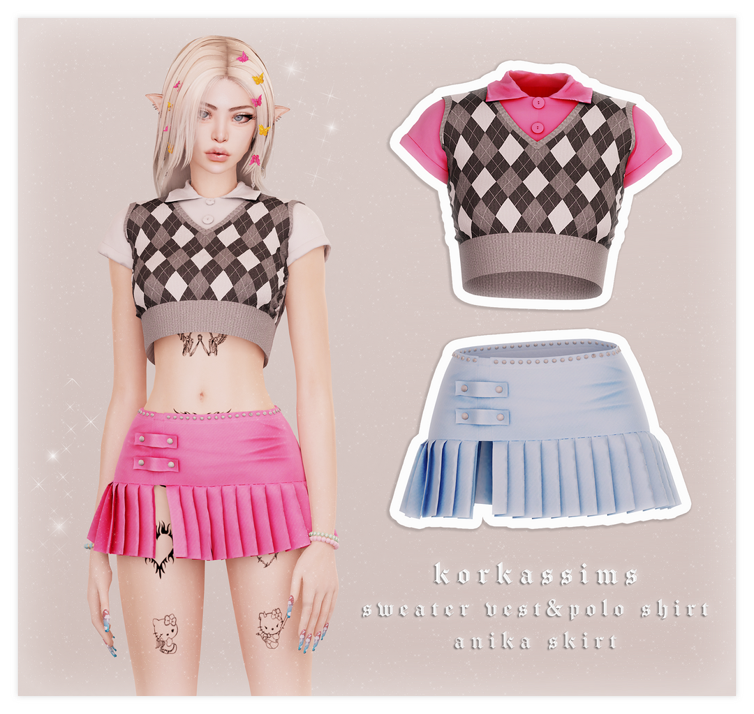 Sweater vest&Polo shirt/Anika skirt для Симс 4. Скачать мод