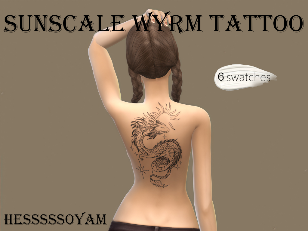 Тату для верхней части спины Sunscale Wyrm Tattoo для Симс 4. Скачать мод