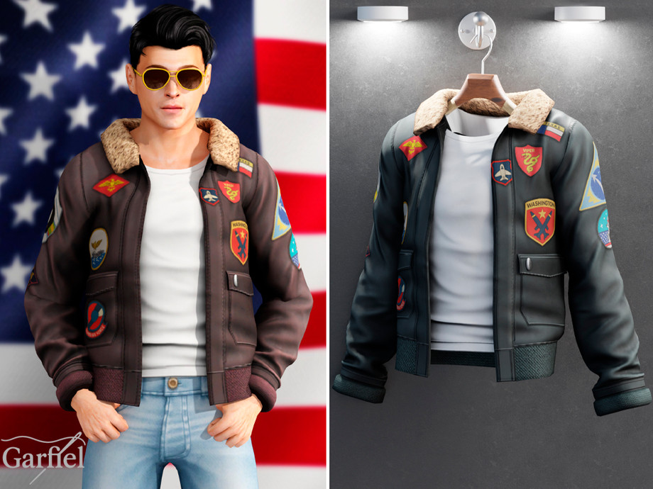 Adult - Aviator bomber jacket with embroidered patches для Симс 4. Скачать мод