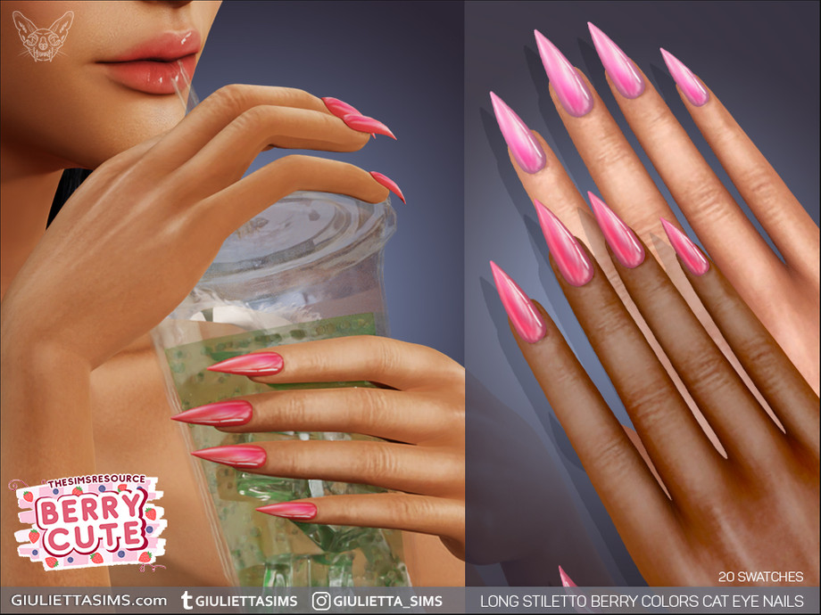 Berry Cute - Long Stiletto Berry Colors Cat Eye Nails для Симс 4. Скачать мод
