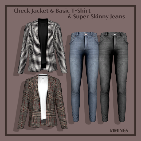 Check Jacket & Basic T-Shirt & Super Skinny Jeans для Симс 4. Скачать мод