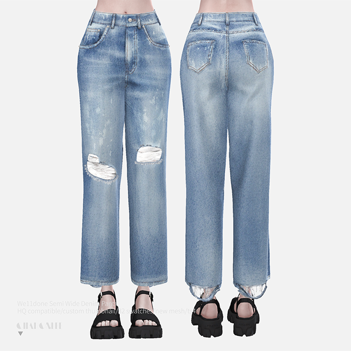 Джинсы - We11done Semi Wide Denim Pants для Симс 4. Скачать мод
