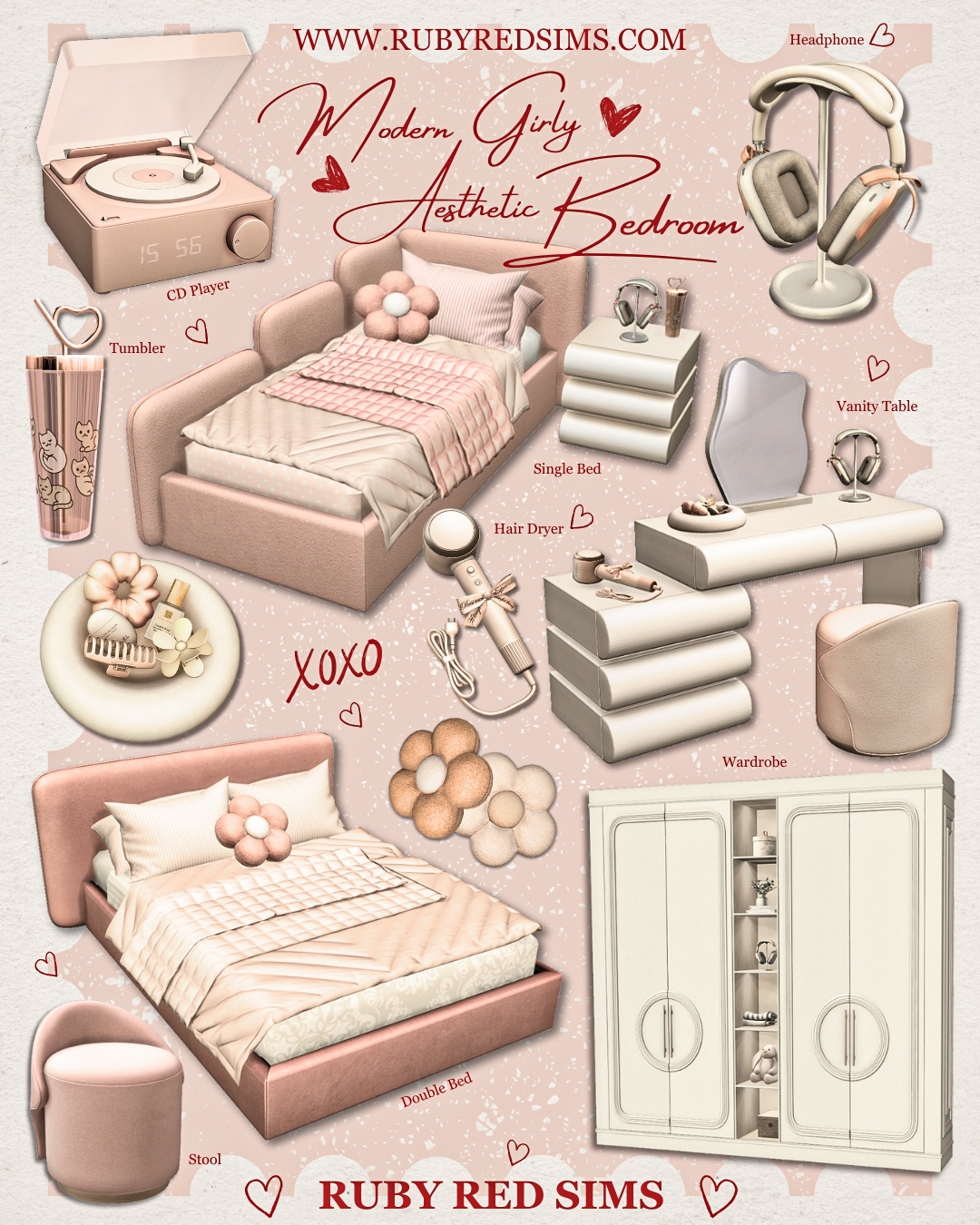 Мебель и декор в спальню - Modern Girly Aesthetic Bedroom Part 1 для Симс 4. Скачать мод