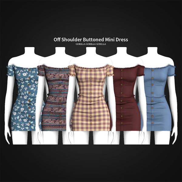 Off Shoulder Buttoned Mini Dress by gorillax3 для Симс 4. Скачать мод
