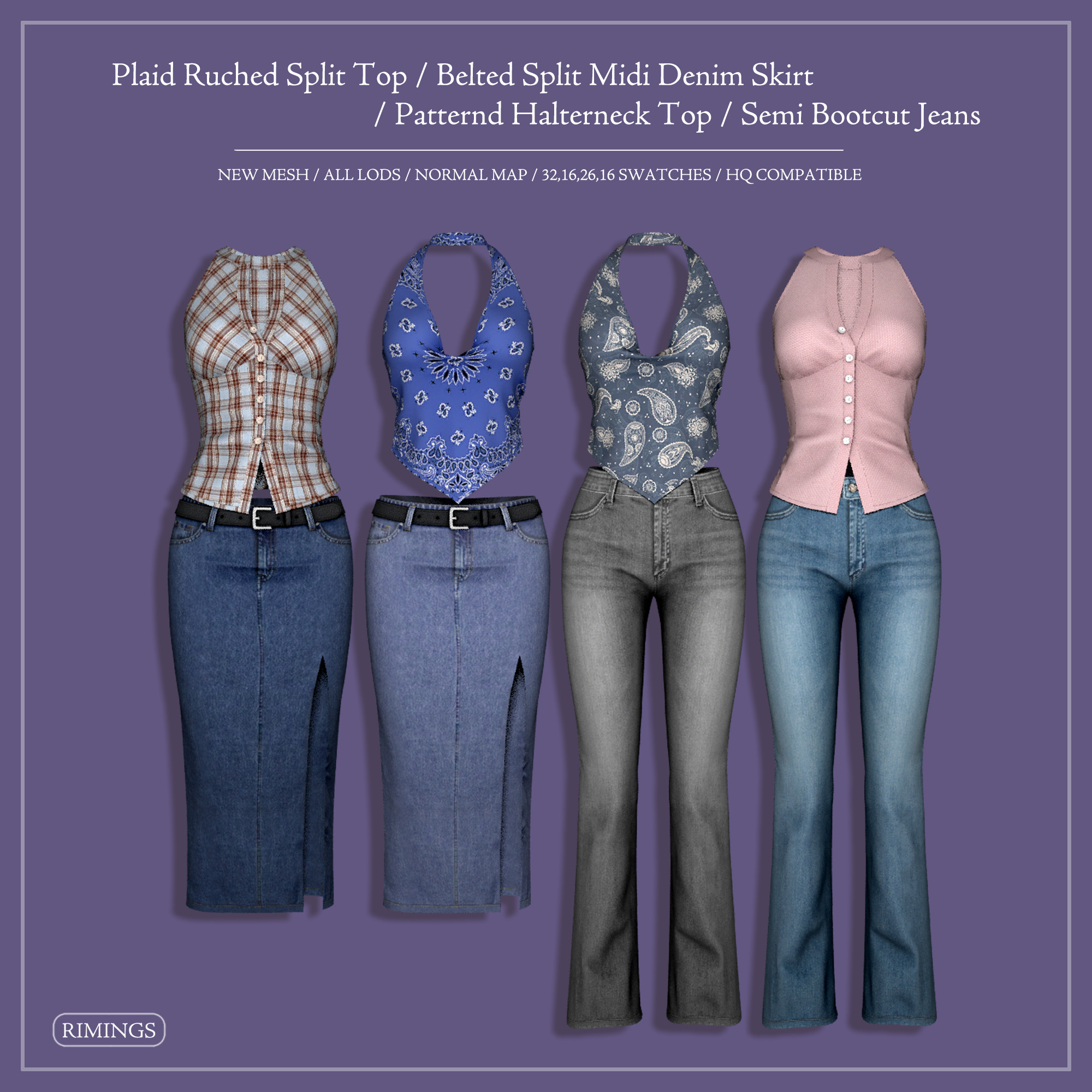 Plaid Ruched Split Top / Belted Split Midi Denim Skirt / Patternd Halterneck Top / Semi Bootcut Jeans для Симс 4. Скачать мод