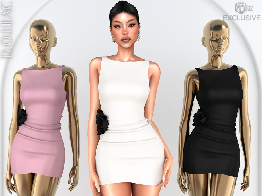 Платье - Flower Detail Gathered Mini Dress для Симс 4. Скачать мод