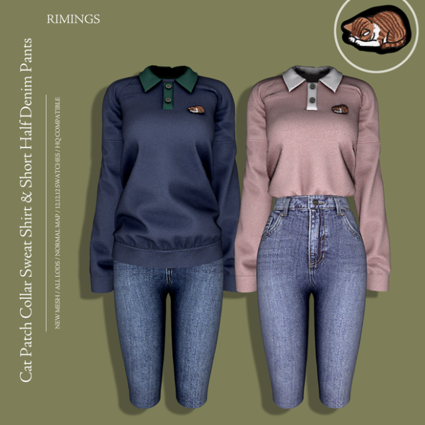 [RIMINGS] Cat Patch Collar Sweat Shirt & Short Half Denim Pants  для Симс 4. Скачать мод
