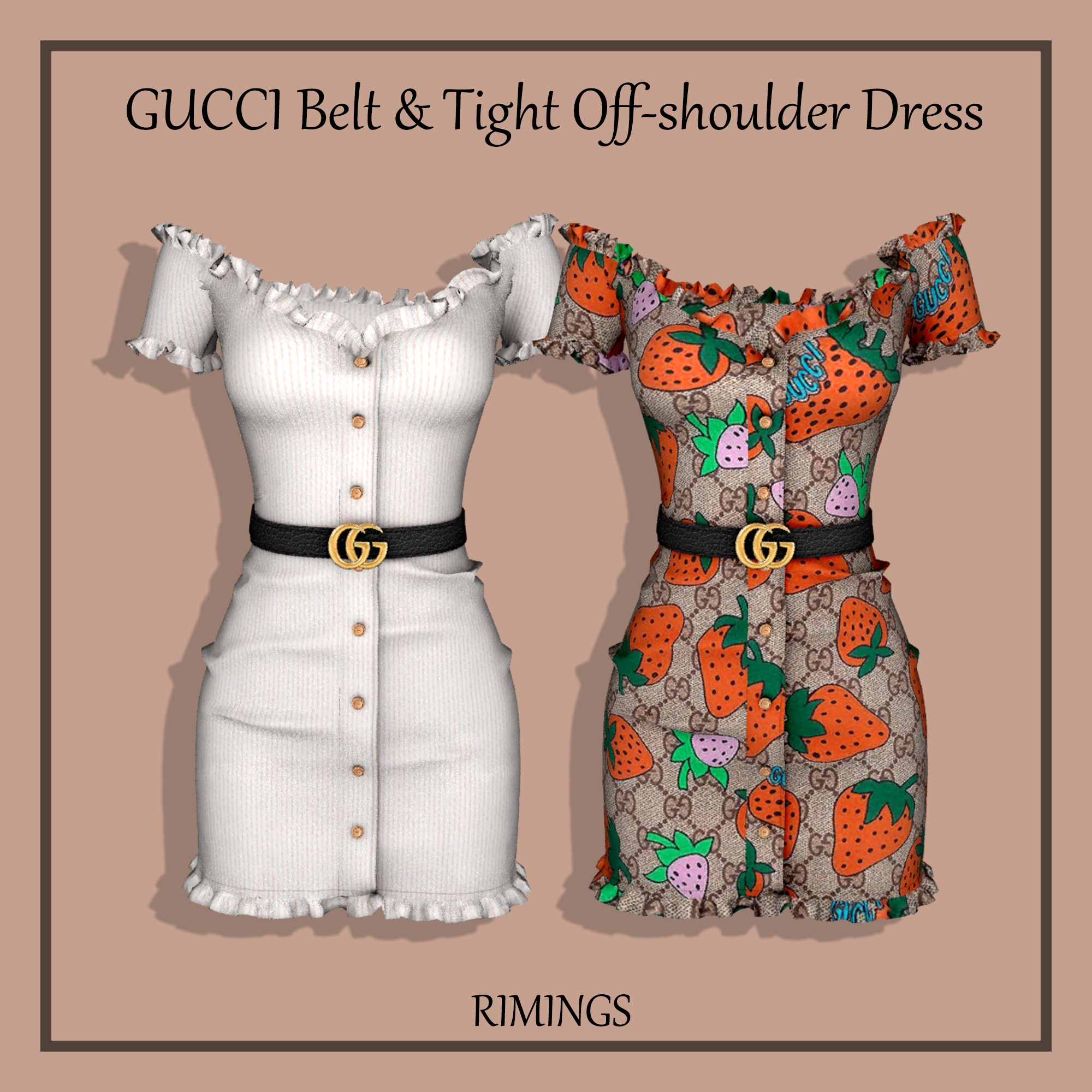 [RIMINGS] GUCCI Belt & Tight Off-shoulder Dress для Симс 4. Скачать мод
