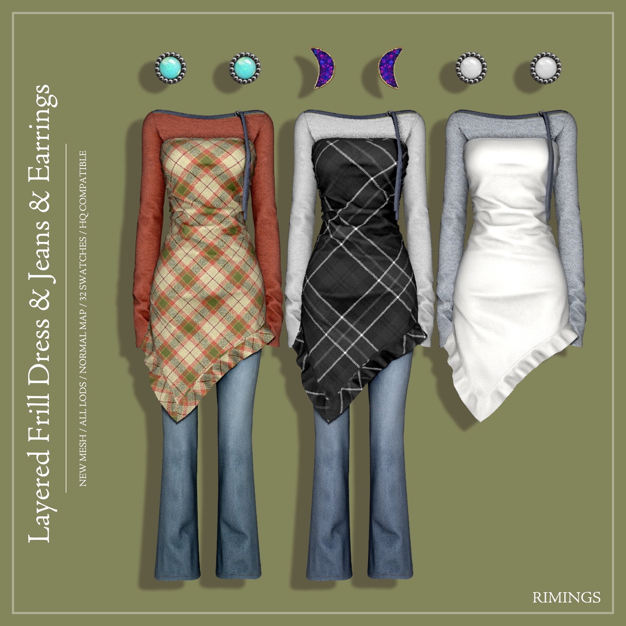 [RIMINGS] Layered Frill Dress & Jeans & Earrings для Симс 4. Скачать мод